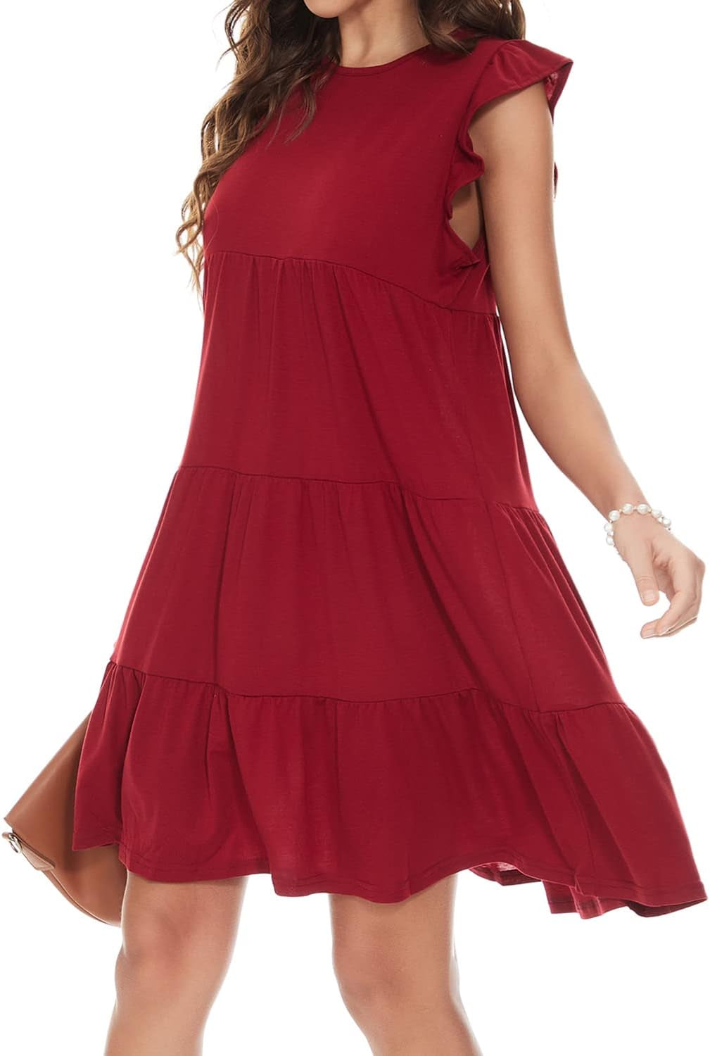Women'S Summer Dress Sleeveless Ruffle Sleeve Sexy Crew Neck Mini Dress Western Loose Casual Dress Red L