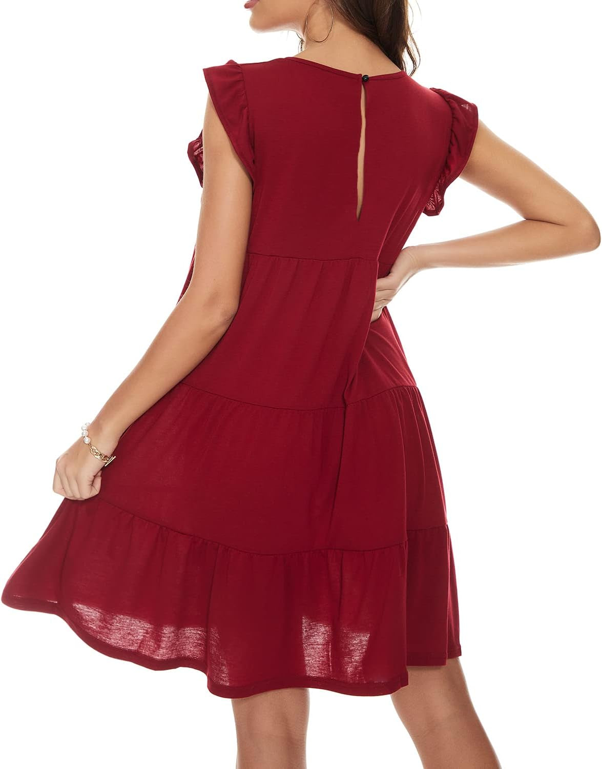 Women'S Summer Dress Sleeveless Ruffle Sleeve Sexy Crew Neck Mini Dress Western Loose Casual Dress Red L