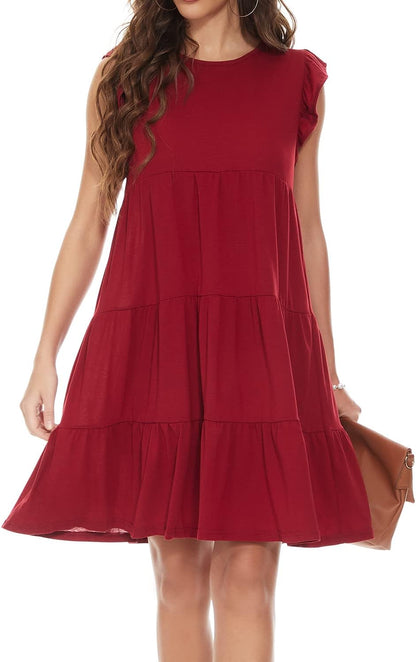 Women'S Summer Dress Sleeveless Ruffle Sleeve Sexy Crew Neck Mini Dress Western Loose Casual Dress Red L