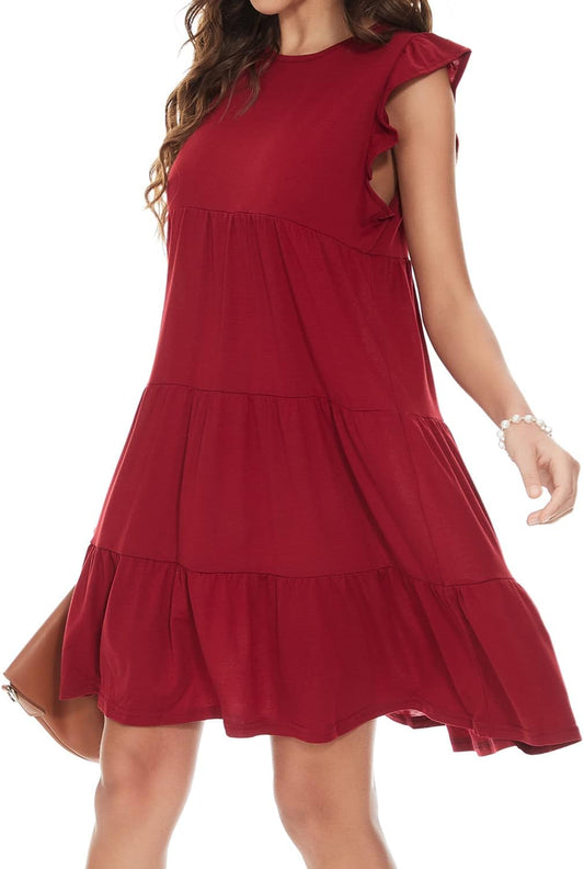 Women'S Summer Dress Sleeveless Ruffle Sleeve Sexy Crew Neck Mini Dress Western Loose Casual Dress Red L