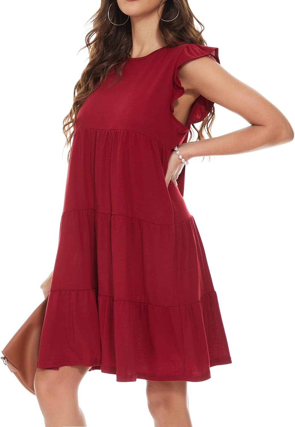 Women'S Summer Dress Sleeveless Ruffle Sleeve Sexy Crew Neck Mini Dress Western Loose Casual Dress Red L