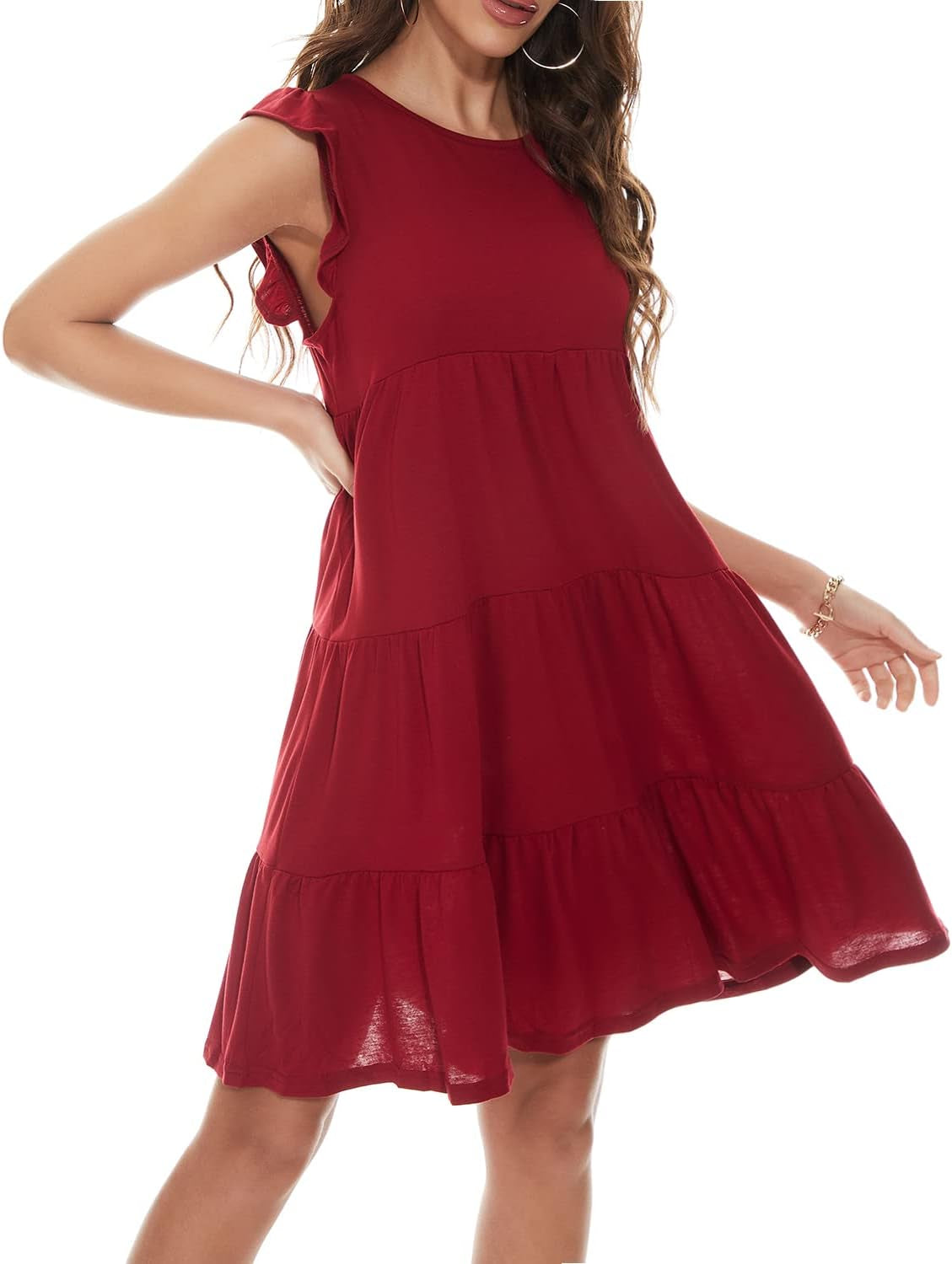 Women'S Summer Dress Sleeveless Ruffle Sleeve Sexy Crew Neck Mini Dress Western Loose Casual Dress Red L