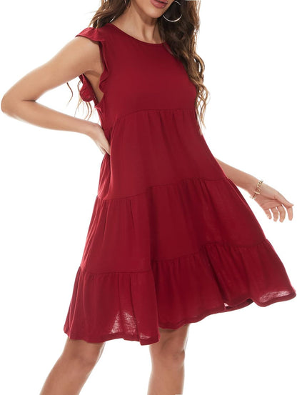 Women'S Summer Dress Sleeveless Ruffle Sleeve Sexy Crew Neck Mini Dress Western Loose Casual Dress Red L