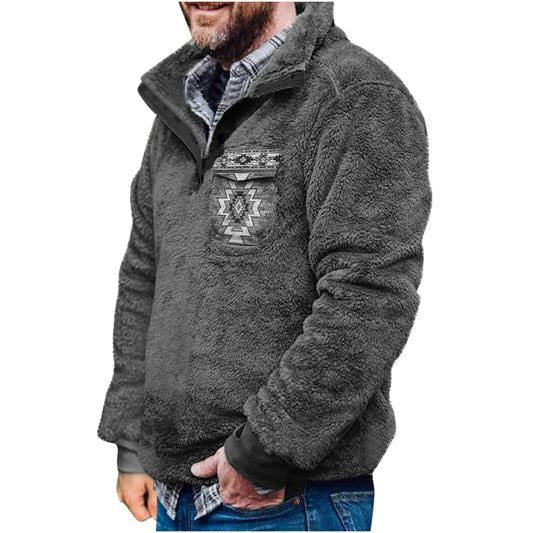 2025 Clearance Men'S Fuzzy Sherpa Fleece Sweatshirt Western Aztec Plaid Jacket Fall Winter Warm Pullover Coat Outerwear with Pocket